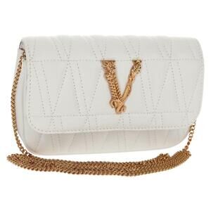 VERSACE Chain Shoulder Bag Leather White Gold Auth 160815M